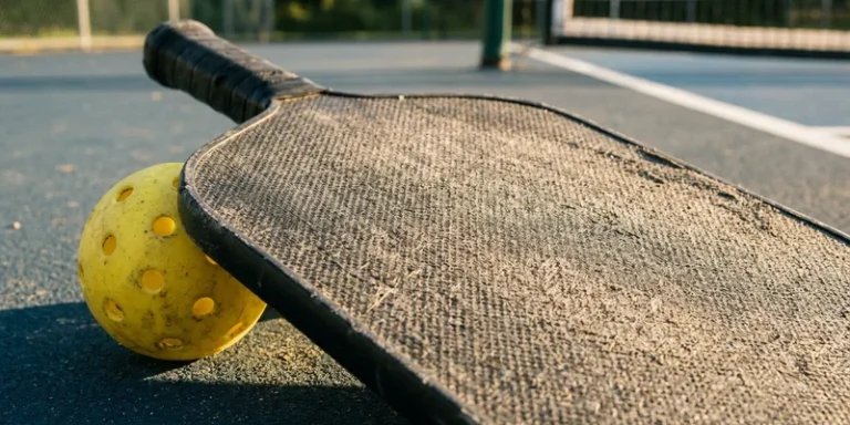 Textured spin surface of a pickleball paddle in raking light