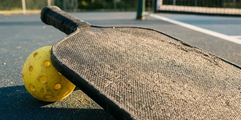 Textured spin surface of a pickleball paddle in raking light