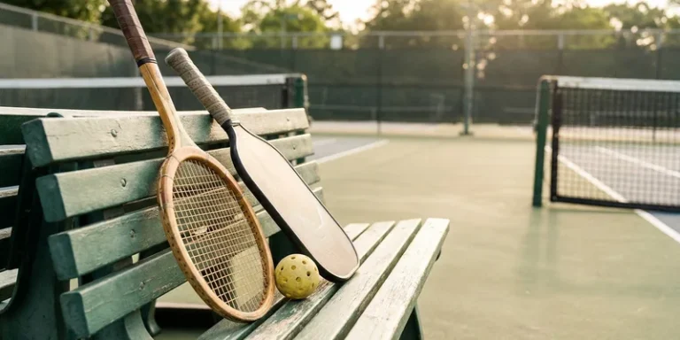 Tennis racquet beside an elongated pickleball paddle and ball on an outdoor court bench