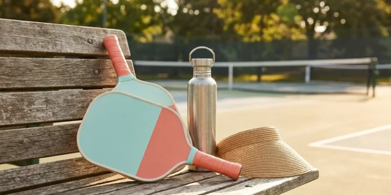 Teal and coral pickleball paddle with visor and water bottle