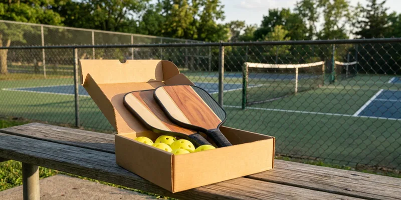 two matching pickleball paddles with balls in an open box on a court bench