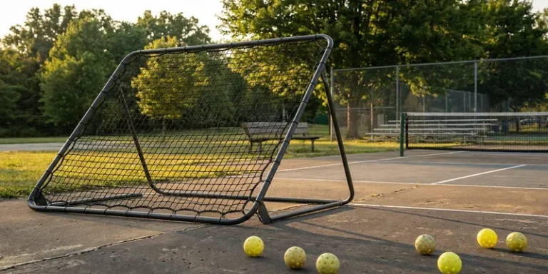 Pickleball rebounder net with balls on the court in front