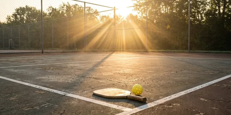 pickleball court at golden hour with paddle and ball at the baseline