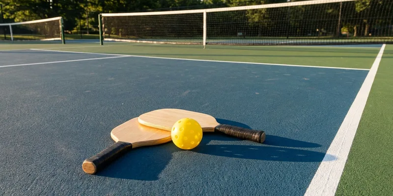 two paddles and a pickleball waiting on a fresh outdoor court