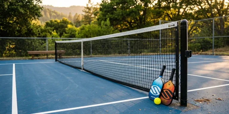 pickleball scoreboard-free court view with paddles at the net post
