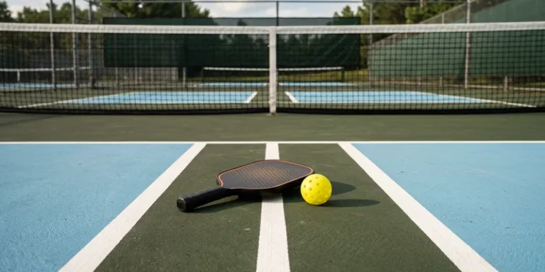 pickleball paddle and ball at the service line of a court, service boxes visible