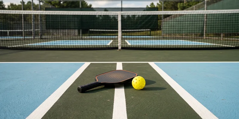 pickleball paddle and ball at the service line of a court, service boxes visible