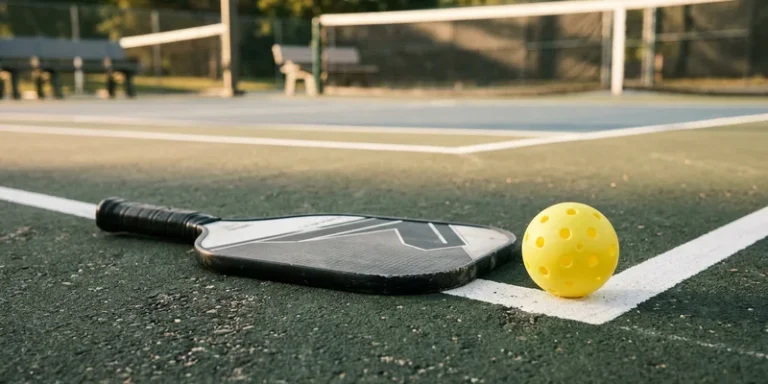close-up of a pickleball paddle low beside a ball on the baseline