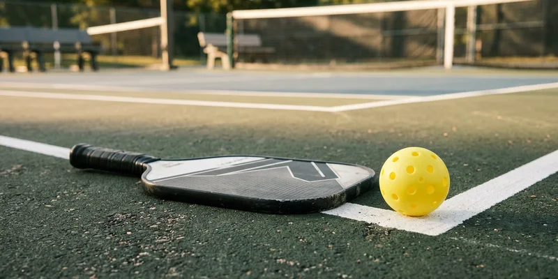 close-up of a pickleball paddle low beside a ball on the baseline