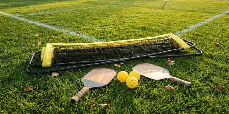 complete pickleball set laid out on a lawn: portable net, two paddles and balls