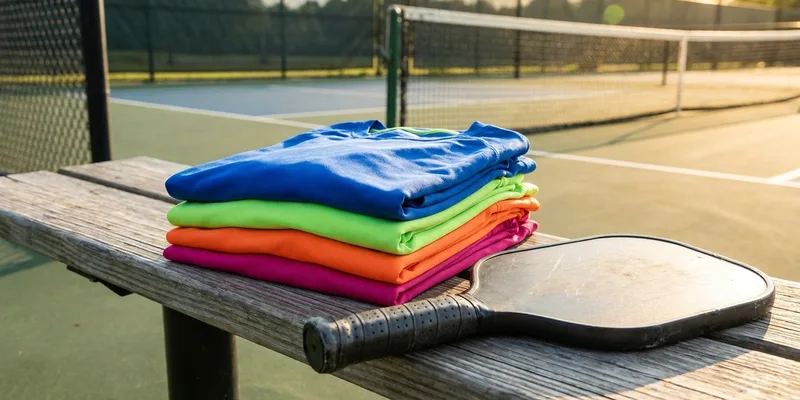 Folded athletic shirts stacked beside a pickleball paddle