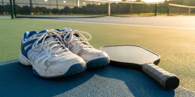 pair of court shoes (pickleball shoes for women) beside a pickleball paddle on an outdoor court