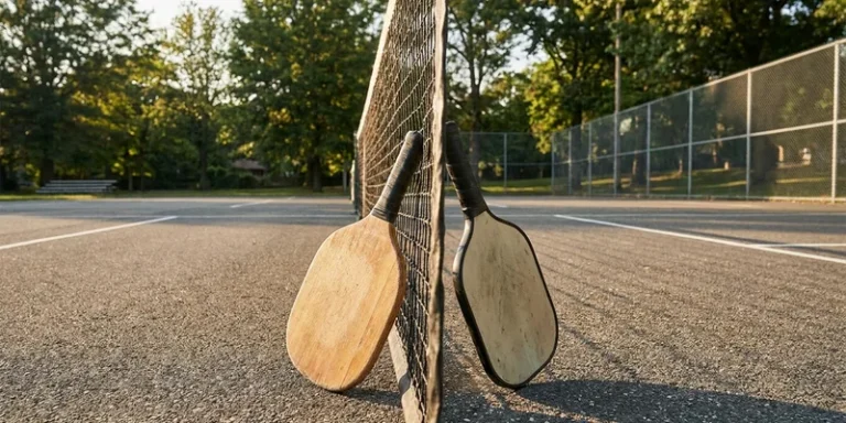 two pickleball paddles facing each other across the net