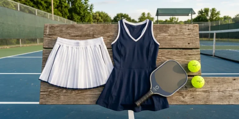 Athletic skirt and sports dress laid out with pickleball gear