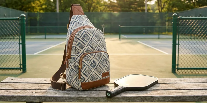 stylish pickleball sling bag on a courtside bench, pickleball paddle beside it