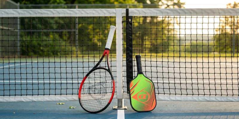 tennis racket and pickleball paddle side by side at the net