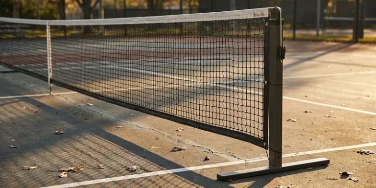 portable pickleball net set up on an outdoor court, close view