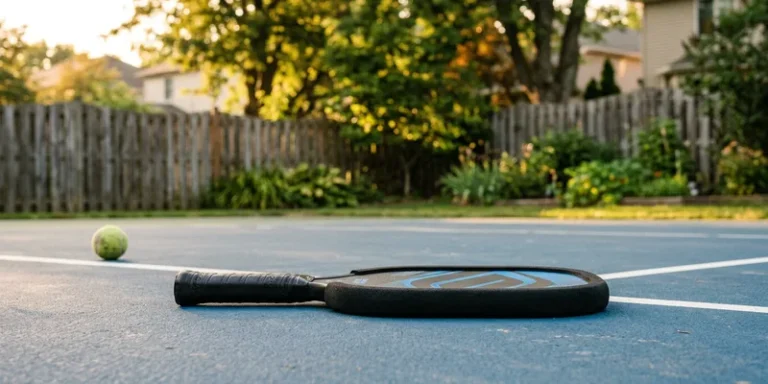 Foam-edged pickleball paddle on a quiet backyard court at golden hour