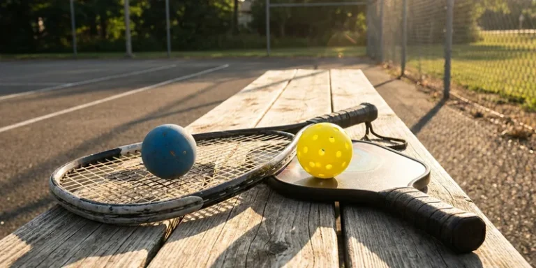 Racquetball racquet with blue ball next to a pickleball paddle with yellow ball on a bench