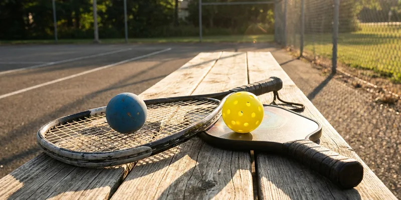 Racquetball racquet with blue ball next to a pickleball paddle with yellow ball on a bench