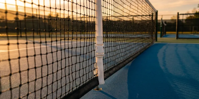 Regulation pickleball net stretched across an outdoor court