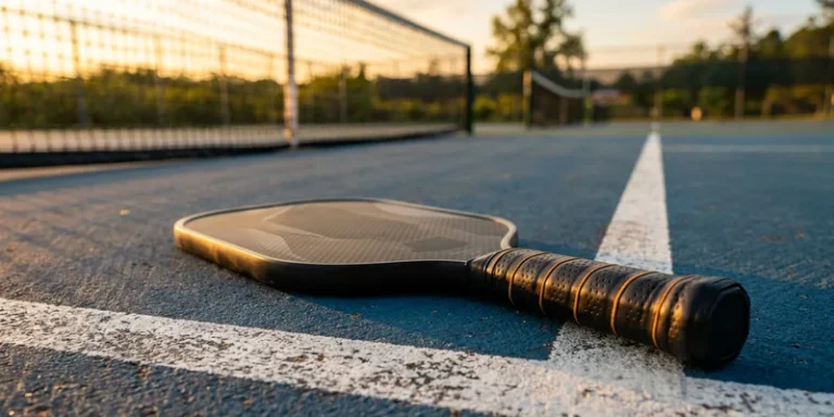 elongated modern pickleball paddle close-up on an outdoor court at golden hour