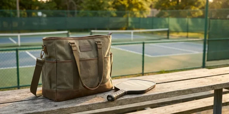 stylish selkirk pickleball bag on a courtside bench, pickleball paddle beside it
