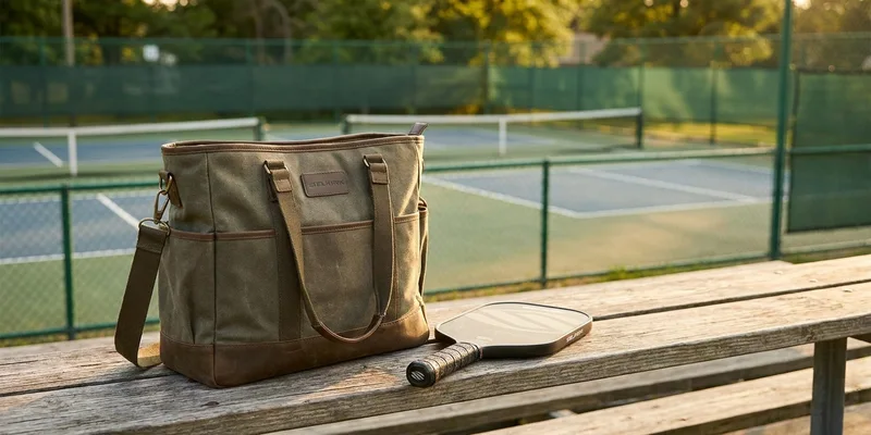 stylish selkirk pickleball bag on a courtside bench, pickleball paddle beside it