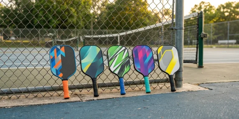 collection of modern pickleball paddles standing against a court fence