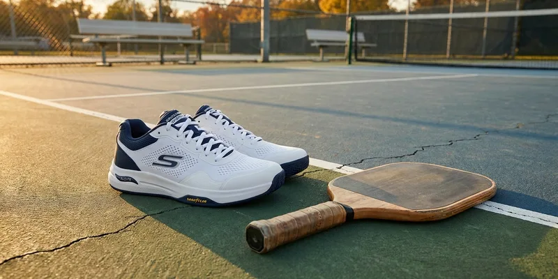 pair of court shoes (skechers pickleball shoes) beside a pickleball paddle on an outdoor court