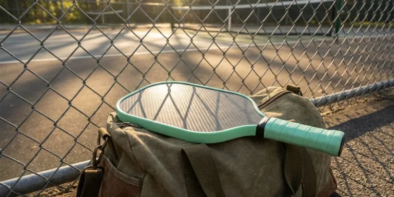 Raw carbon pickleball paddle with mint green accents on a gym bag