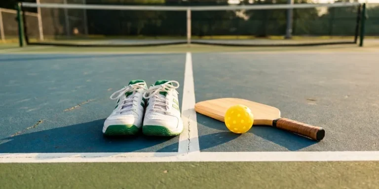 Tennis shoes on a pickleball court line with paddle and ball