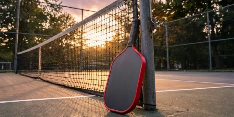 Matte grey pickleball paddle with red edge at the net post