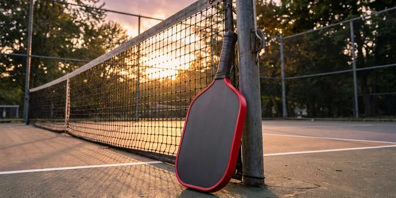 Matte grey pickleball paddle with red edge at the net post