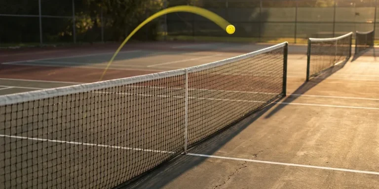 pickleball in a high soft arc over the net on an outdoor court