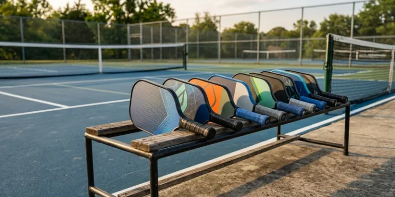 row of modern pickleball paddles lined up on a rack