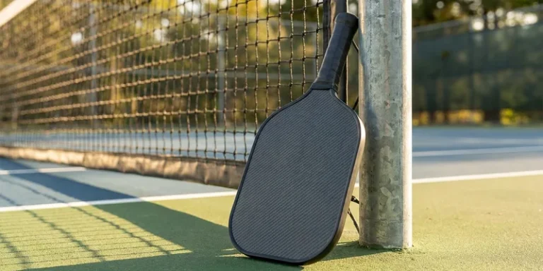 modern thermoformed pickleball paddle close-up against the net post
