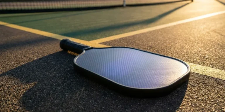 Carbon fiber pickleball paddle with iridescent sheen at golden hour