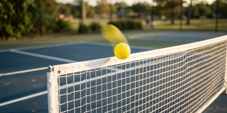 pickleball ball dropping softly just over the net, close-up at net height