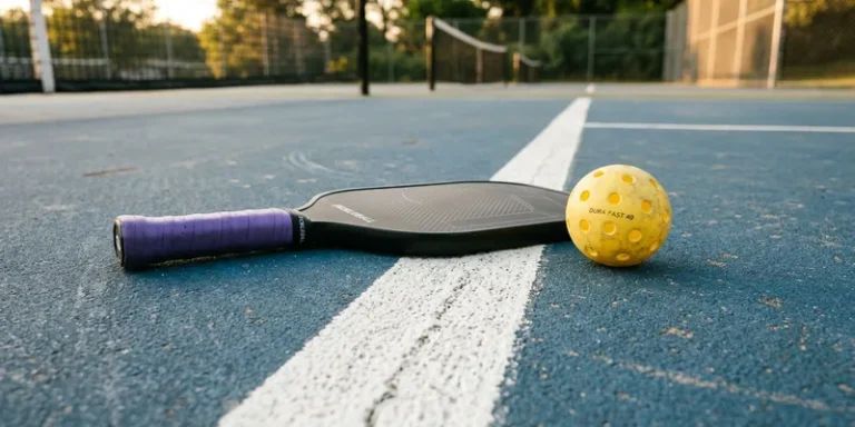 close-up of the non-volley zone line on a pickleball court, paddle and ball resting near the painted line