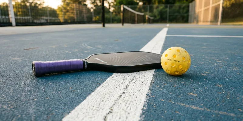 close-up of the non-volley zone line on a pickleball court, paddle and ball resting near the painted line