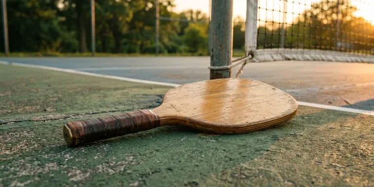 old-fashioned wooden pickleball paddle lying on a faded court at golden hour