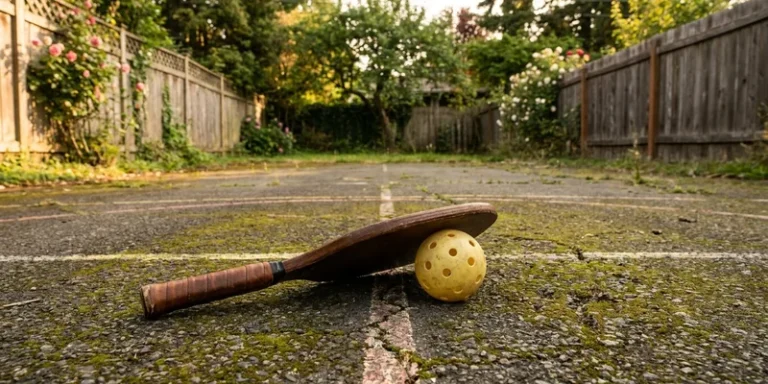 Vintage wooden paddle and perforated plastic ball on a weathered backyard court