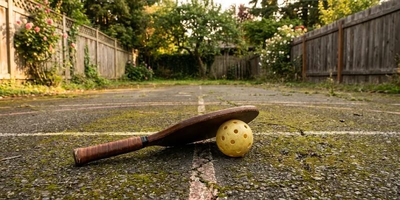 Vintage wooden paddle and perforated plastic ball on a weathered backyard court