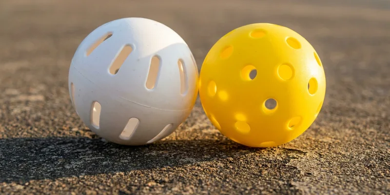 White wiffle ball and yellow pickleball side by side showing different hole patterns