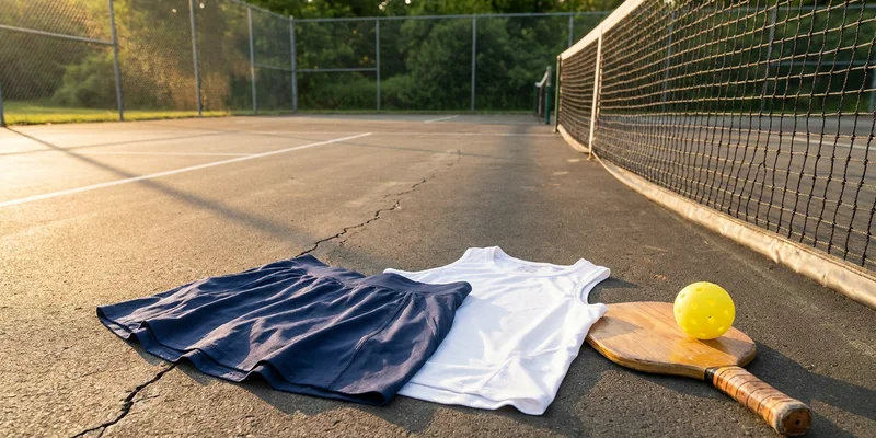 women's athletic skirt and top laid out with a pickleball paddle